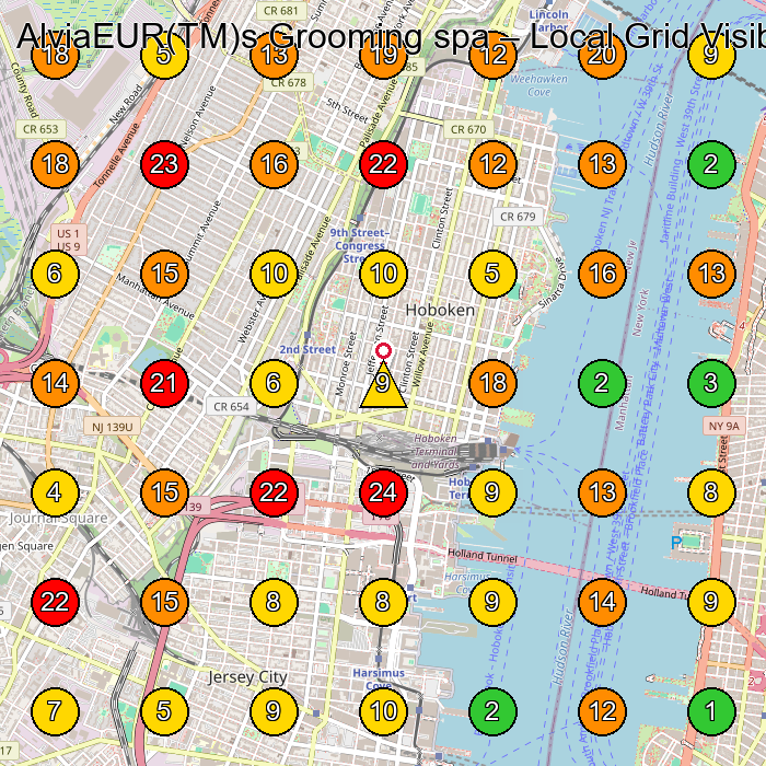 AlviaEUR(TM)s Grooming spa Pet Groomer GeoGrid ranking map for Hoboken NJ